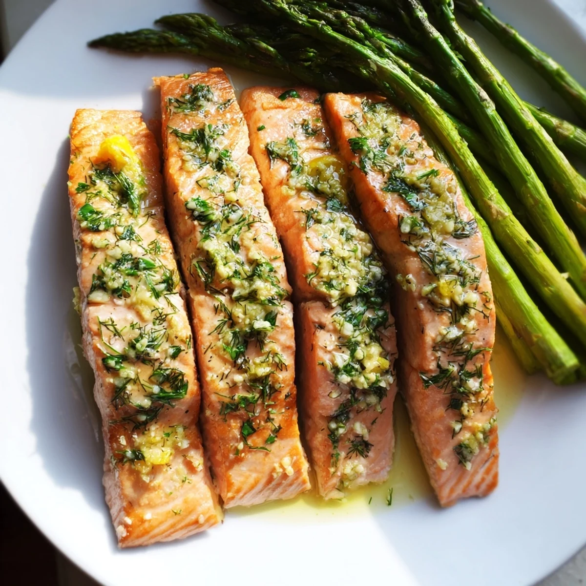 Fresh parsley garnishes the Lemon Garlic Butter Salmon with Roasted Asparagus, highlighting a zesty, buttery weeknight dinner.