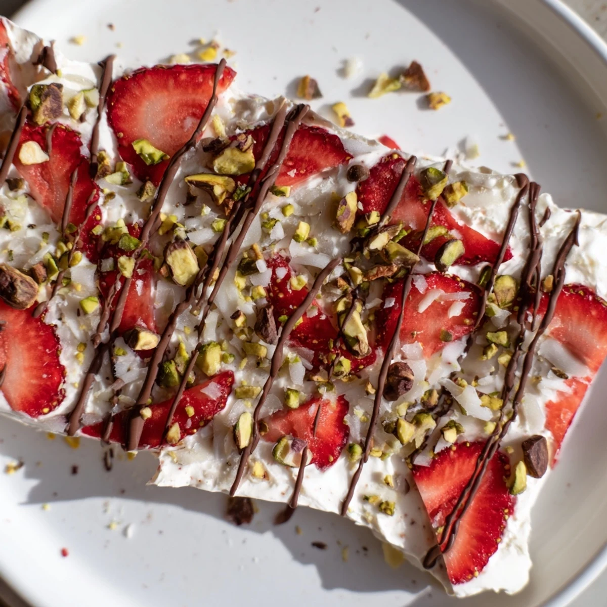 Frozen Chocolate Covered Strawberry Yogurt Bark with Greek yogurt, honey, and fresh strawberry slices on a chilled baking sheet.