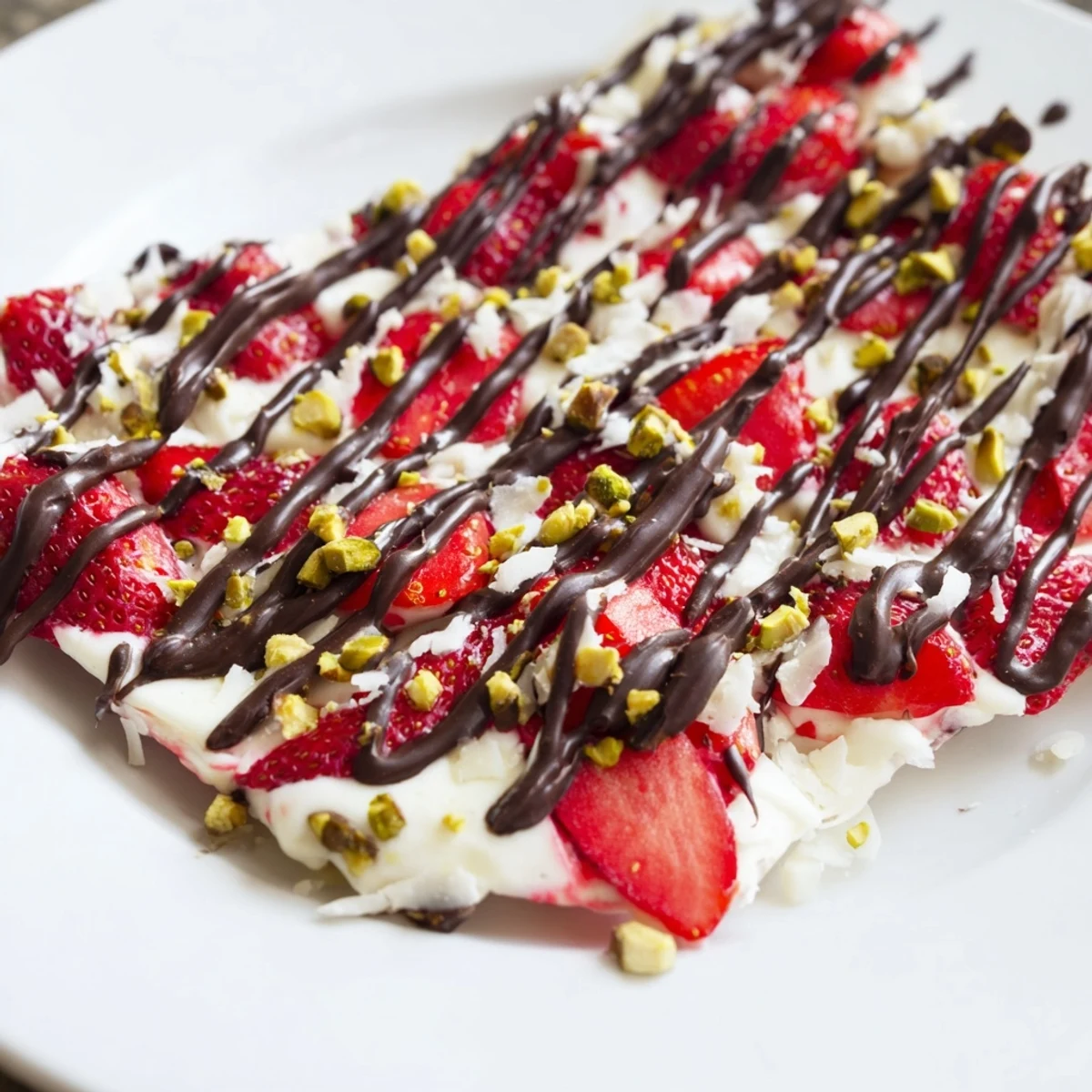 Cooled bark pieces topped with melted chocolate drizzle, sliced strawberries, and chopped almonds on a marble surface.