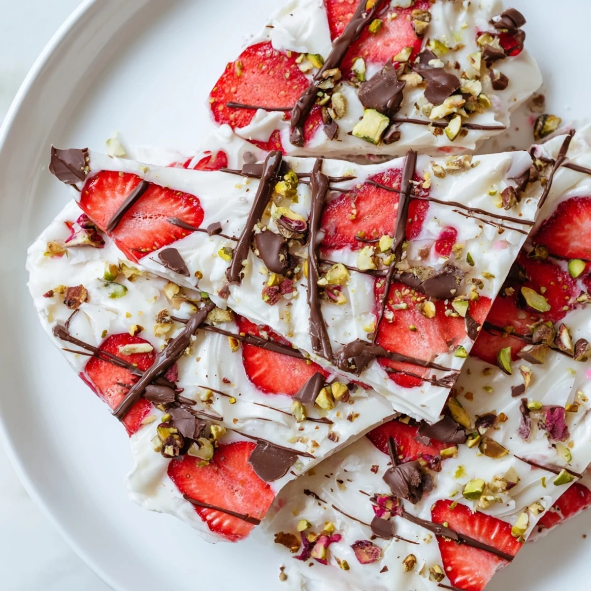 A close-up of creamy frozen yogurt bark with dark chocolate drizzle and bright strawberries, served as a healthy snack.