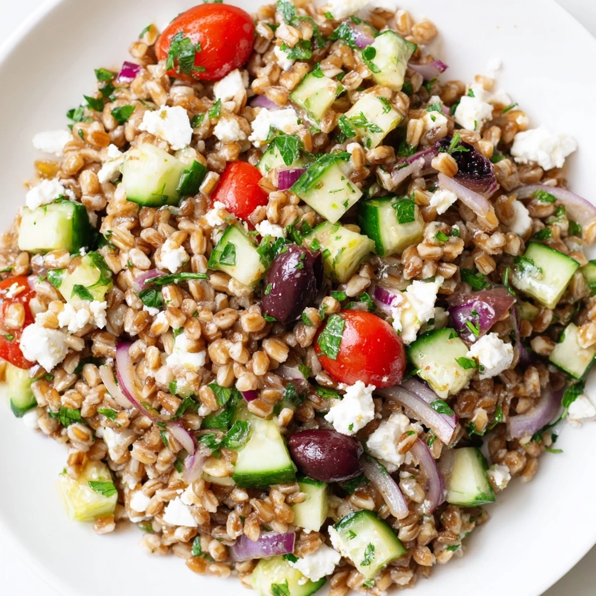 A close-up of Mediterranean Farro Salad with cucumber, tomatoes, olives, and crumbled feta in a white bowl.  