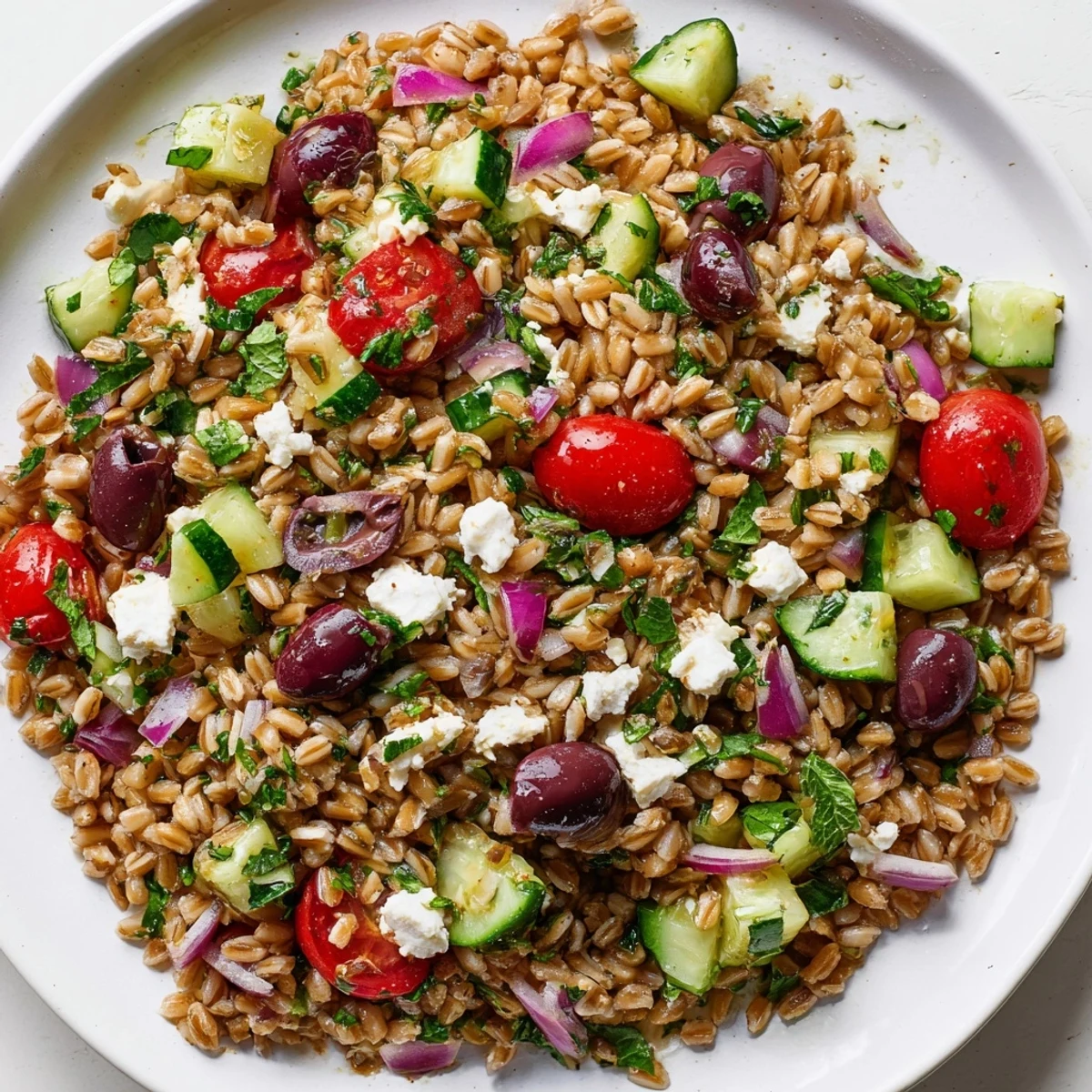 Healthy Mediterranean Farro Salad with cucumber, tomatoes, feta, and olives served in a rustic bowl.