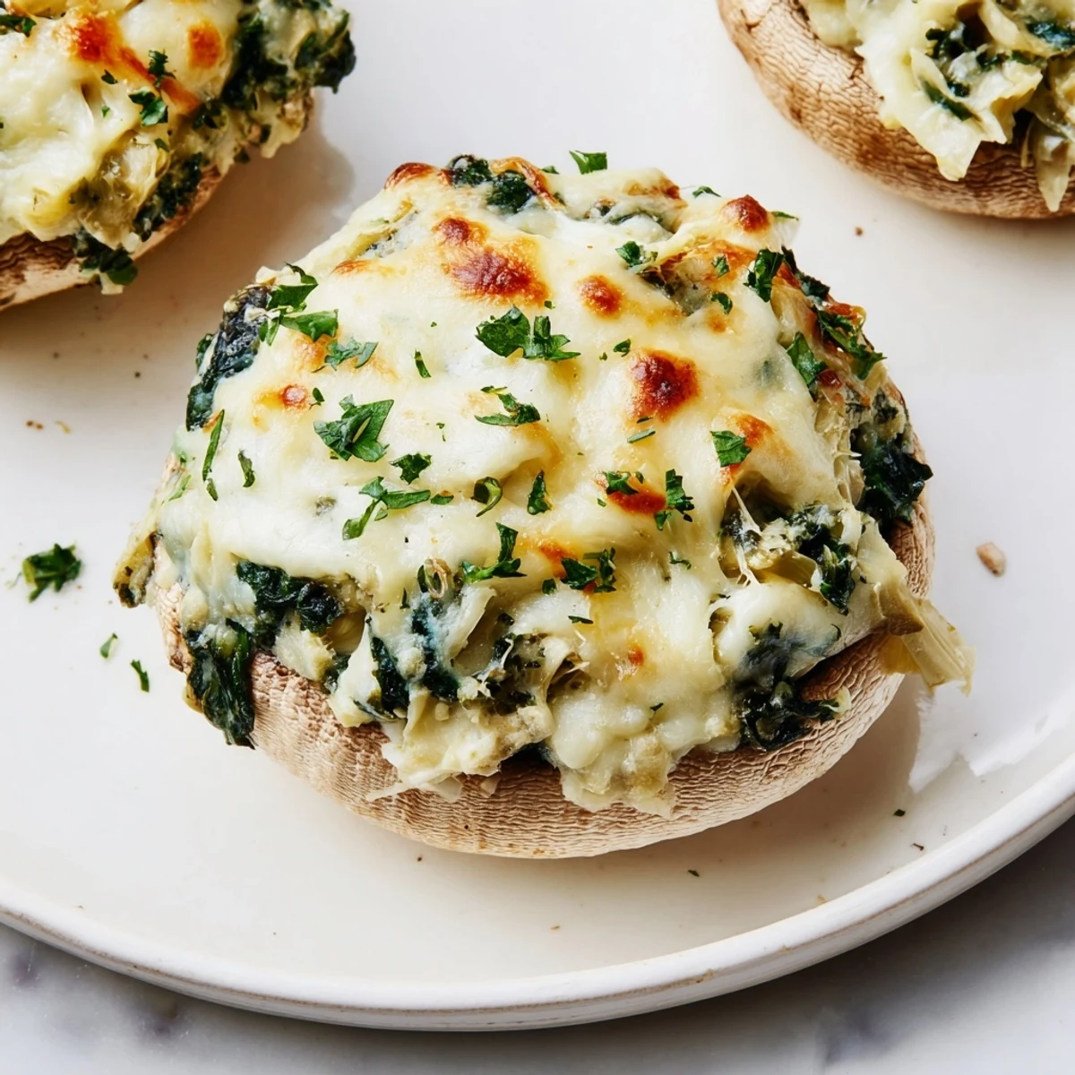 Golden-brown Cheesy Spinach and Artichoke Stuffed Mushrooms bubbly with melted mozzarella and Parmesan on a baking sheet.