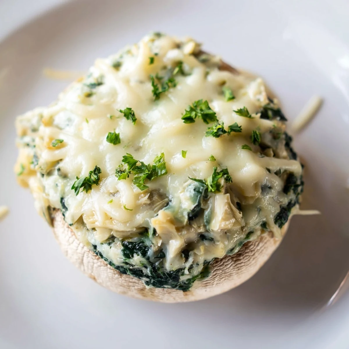 Close-up of Cheesy Spinach and Artichoke Stuffed Mushrooms showing creamy spinach and artichoke filling in tender mushroom caps.