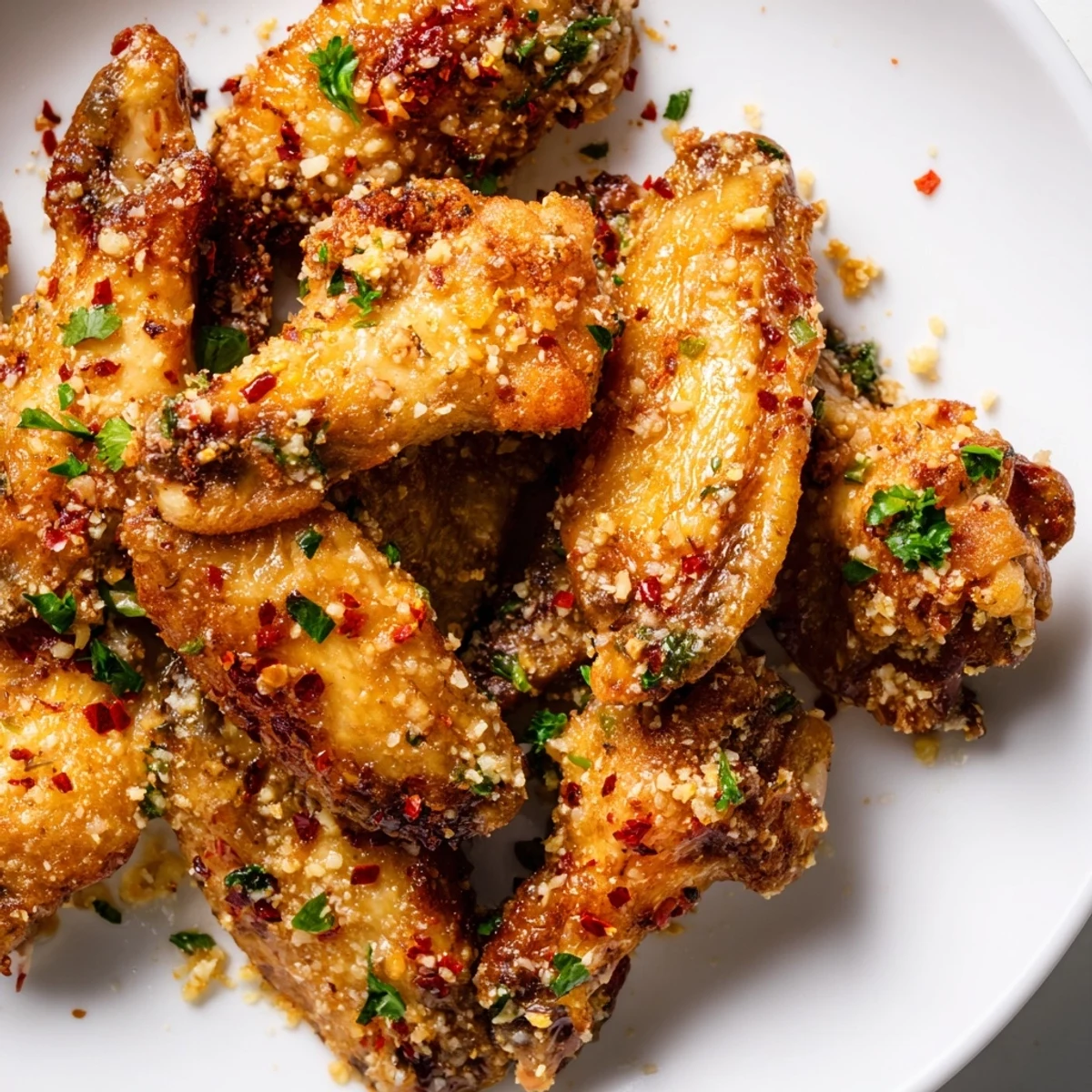 Golden-brown Air Fryer Garlic Parmesan Chicken Wings glisten with melted butter, fresh parsley, and grated Parmesan in a rustic serving bowl.  