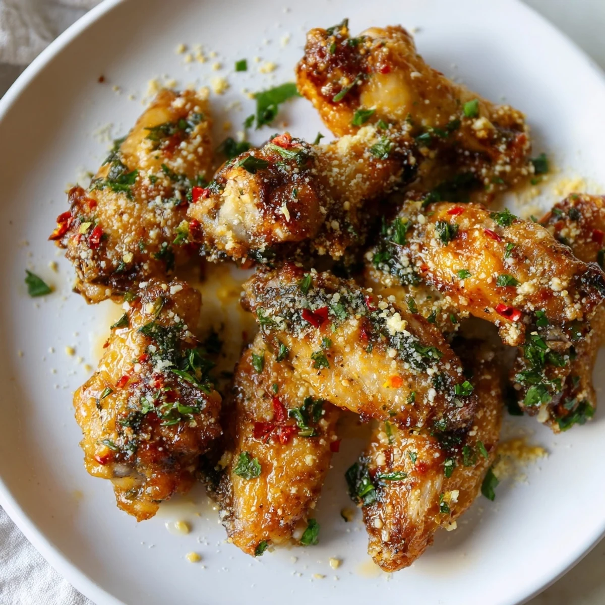 A close-up shot of juicy wings coated in savory garlic-parmesan sauce, garnished with fresh parsley and red pepper flakes.