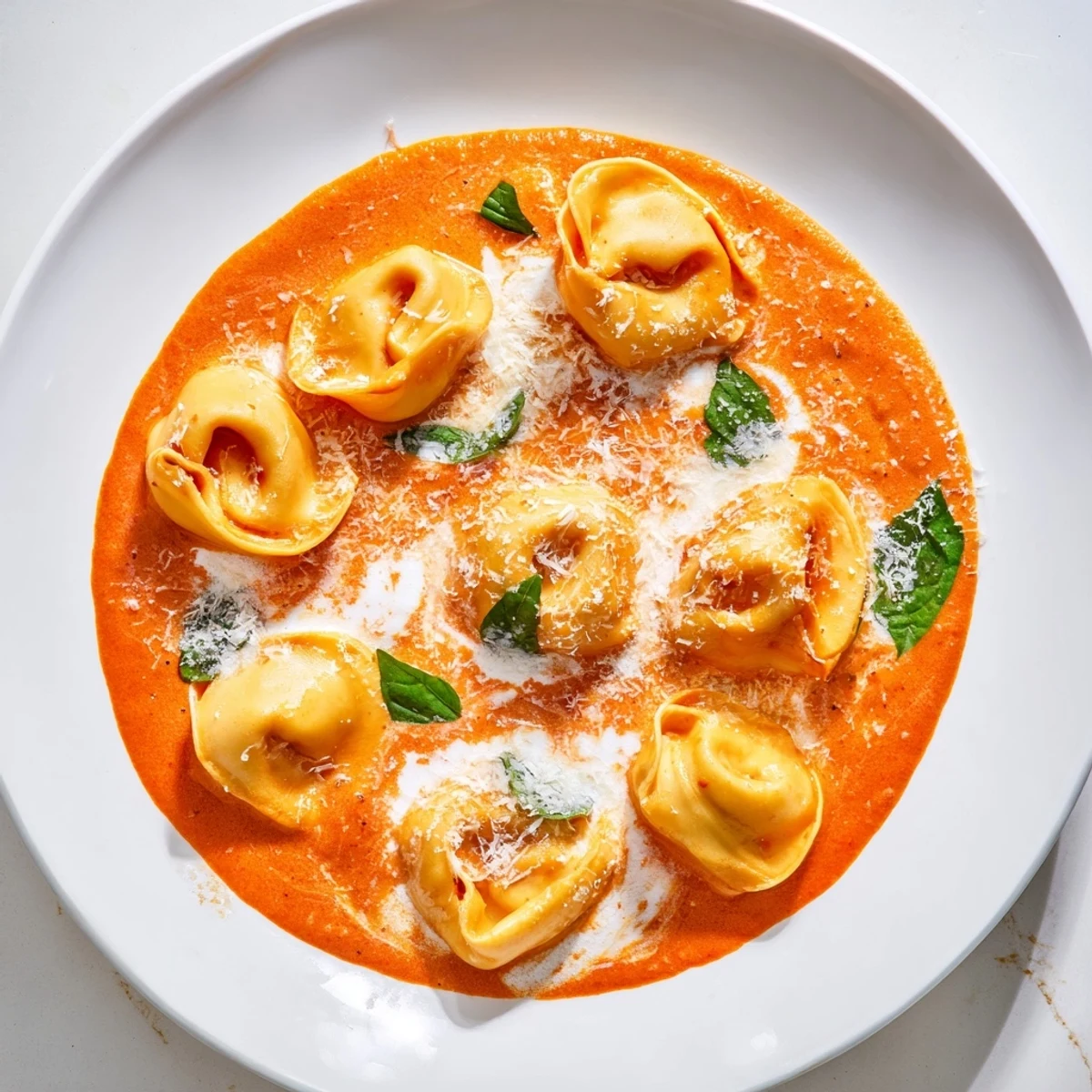 A bowl of creamy One Pot Tomato Tortellini Soup garnished with fresh basil and grated Parmesan, steam rising from the velvety red broth.