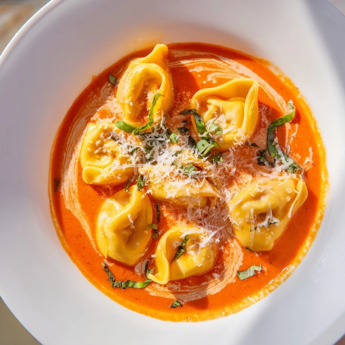 Close-up of cheesy tortellini swimming in a rich tomato soup, with a slice of crusty bread resting on the side.