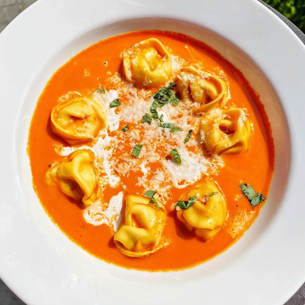 A rustic white bowl filled with steaming One Pot Creamy Tomato Tortellini Soup, ready to be served for a comforting dinner.