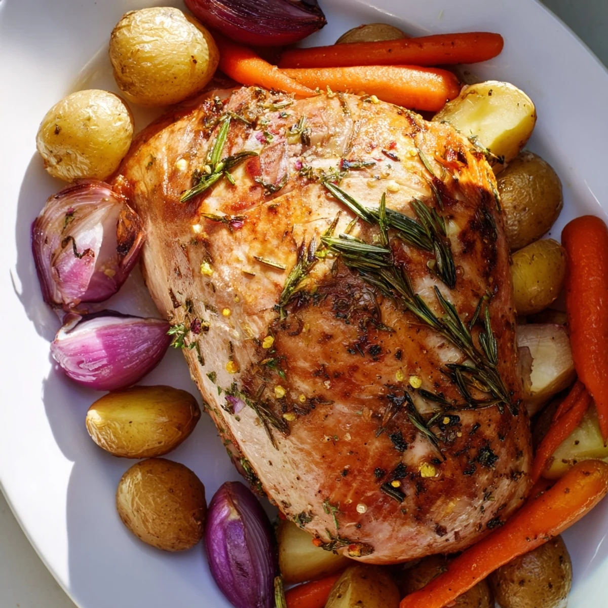 Golden-brown Sheet Pan Lemon Herb Turkey Breast with roasted baby potatoes and carrots, glistening with pan juices.