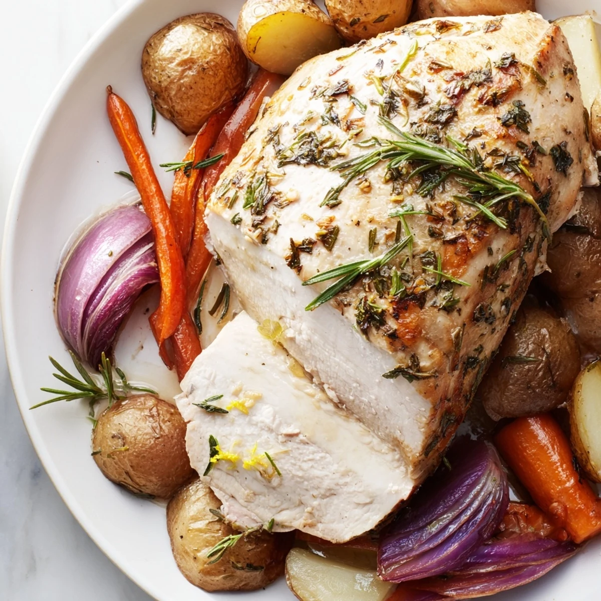 Fresh rosemary and thyme-seasoned Sheet Pan Lemon Herb Turkey Breast with tender roasted vegetables on a rustic pan.