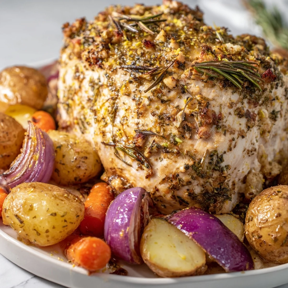 Juicy sliced Sheet Pan Lemon Herb Turkey Breast served on a platter with lemon wedges and glazed carrots.