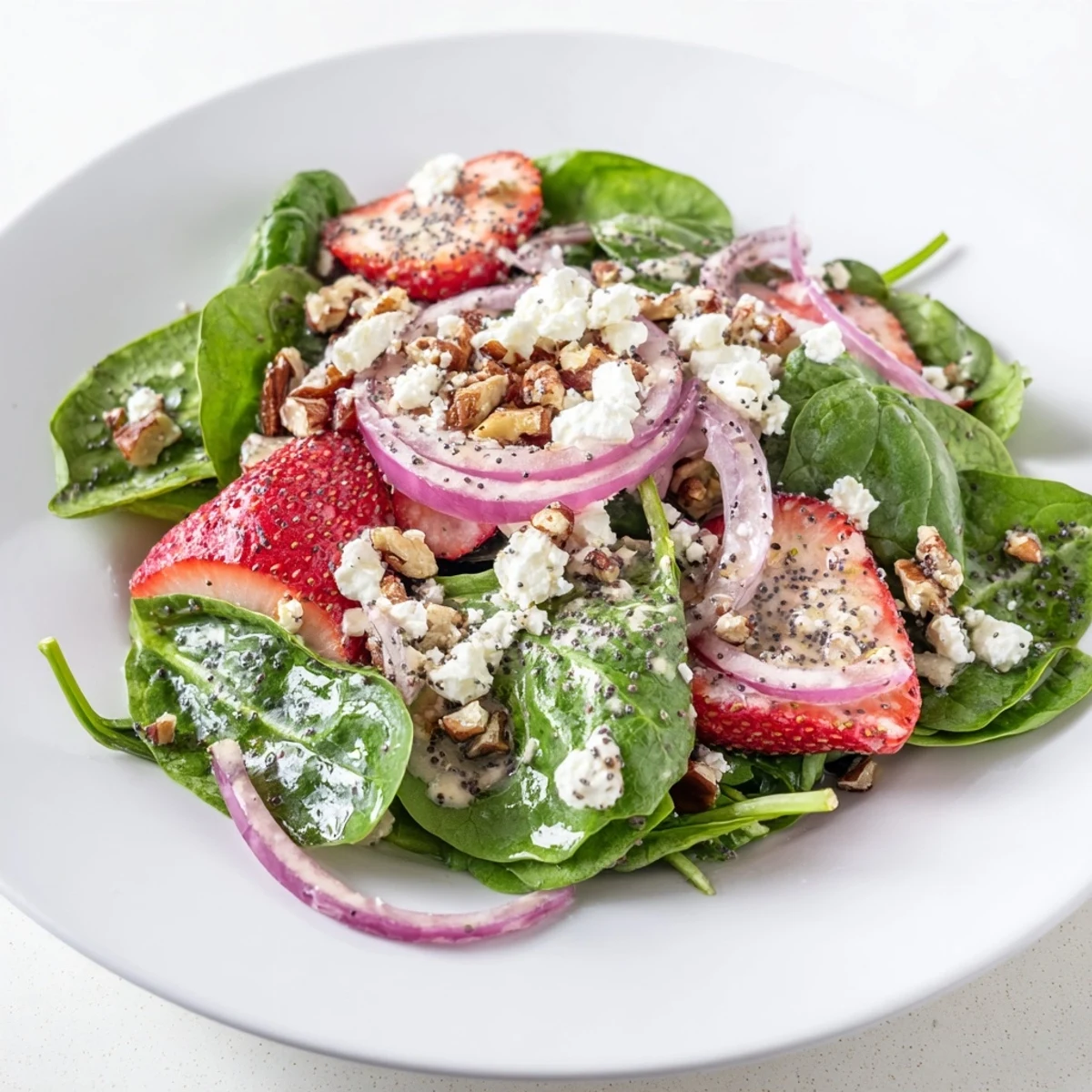 Vibrant strawberry spinach salad with red onion and pecans, served with homemade poppy seed dressing on a spring gathering table.
