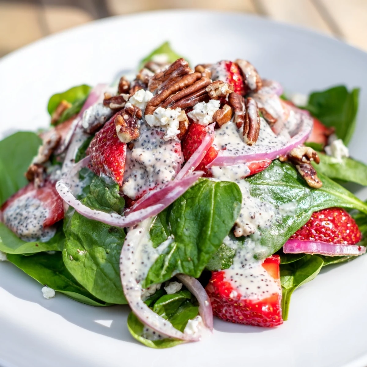 Easy homemade Strawberry Spinach Salad with Poppy Seed Dressing showcases juicy berries, tender greens, and crunchy nuts for a refreshing side.