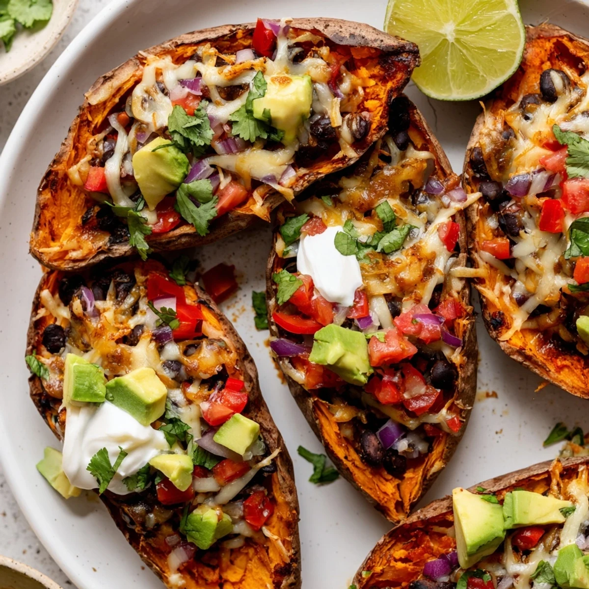 Golden-brown loaded sweet potato skins filled with spiced black beans, topped with melted cheese, fresh salsa, and creamy avocado slices.  