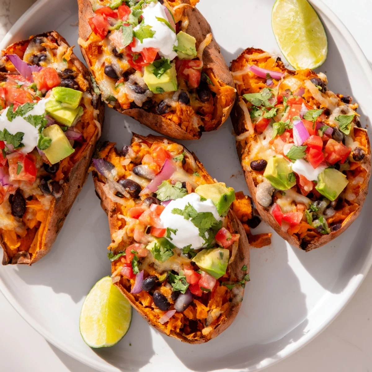 Appetizing loaded sweet potato skins with black beans, corn, and cheese, served with lime wedges for a bright, zesty finish.