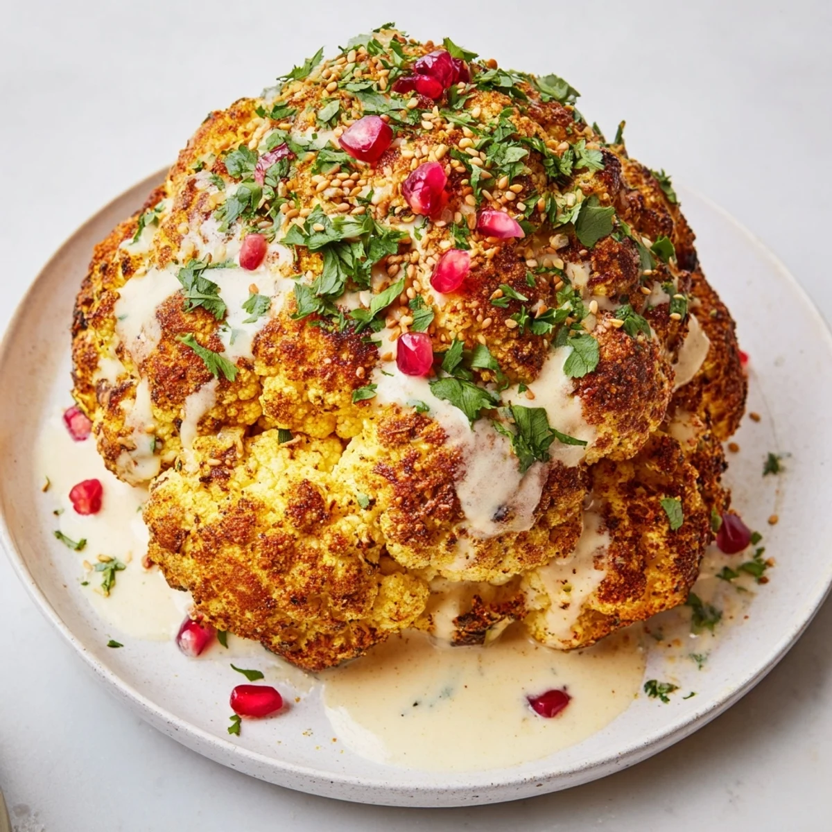 Whole roasted cauliflower with tahini drizzle, garnished with parsley and sesame seeds, served on a white platter for a bright, healthy meal.