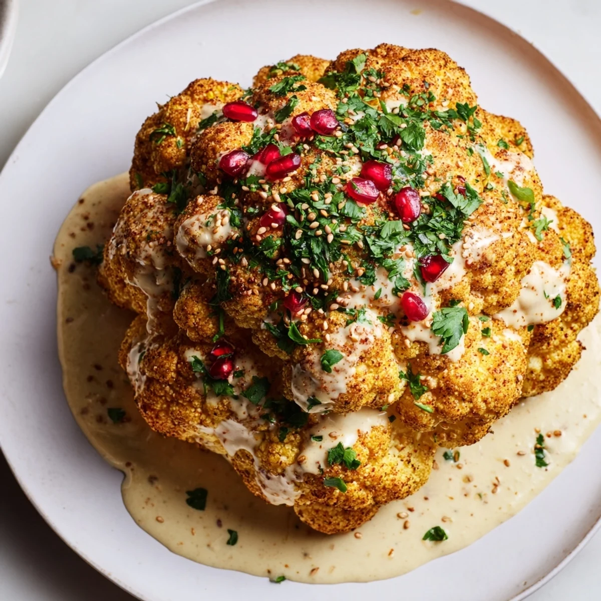 Roasted whole cauliflower with tahini drizzle, topped with parsley, sesame seeds, and optional pomegranate seeds, ready to serve as a vegetarian main.