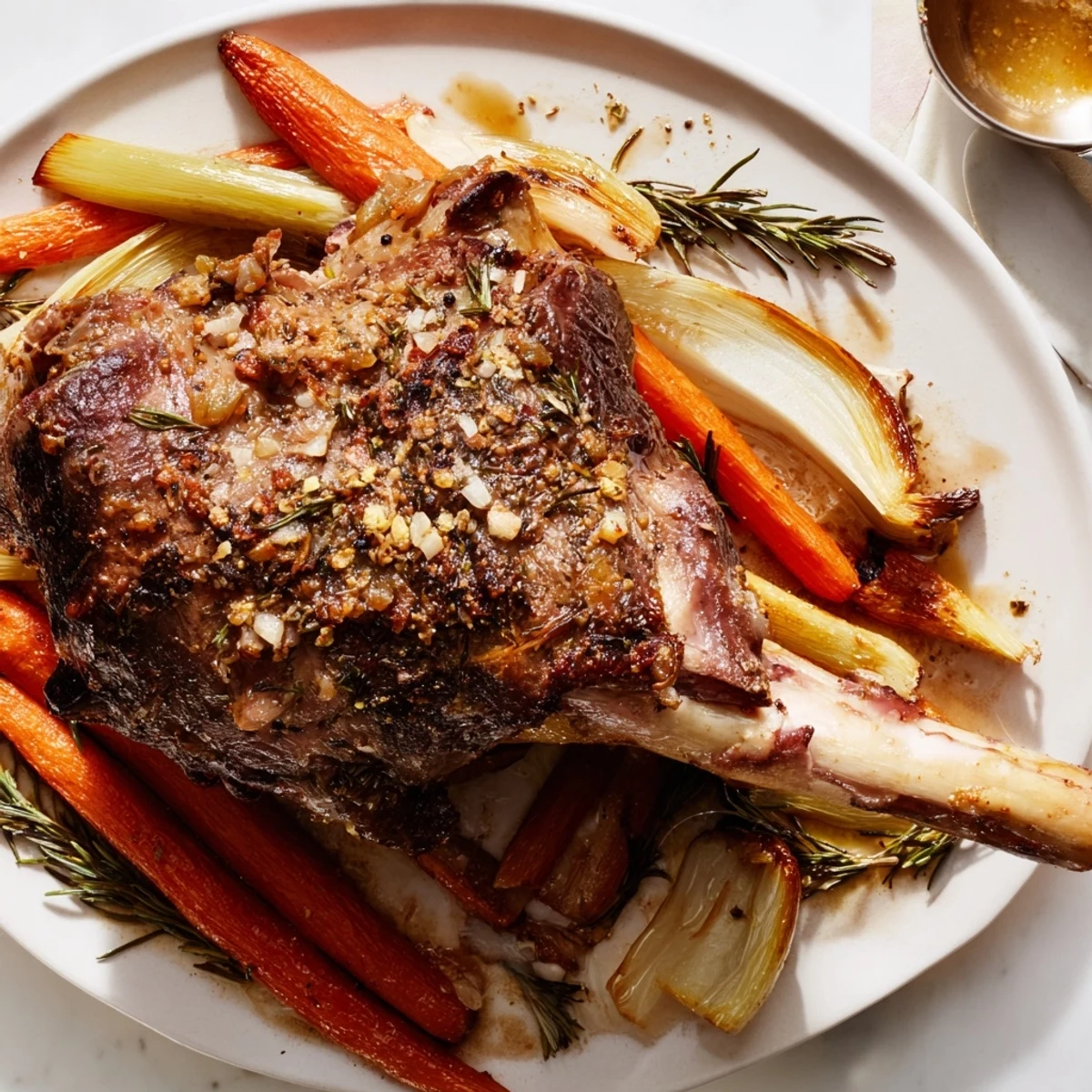 Golden-brown, herb-crusted Slow Cooked Lamb Shoulder with Garlic Herbs resting on a bed of tender carrots and onions, drenched in rich pan juices.