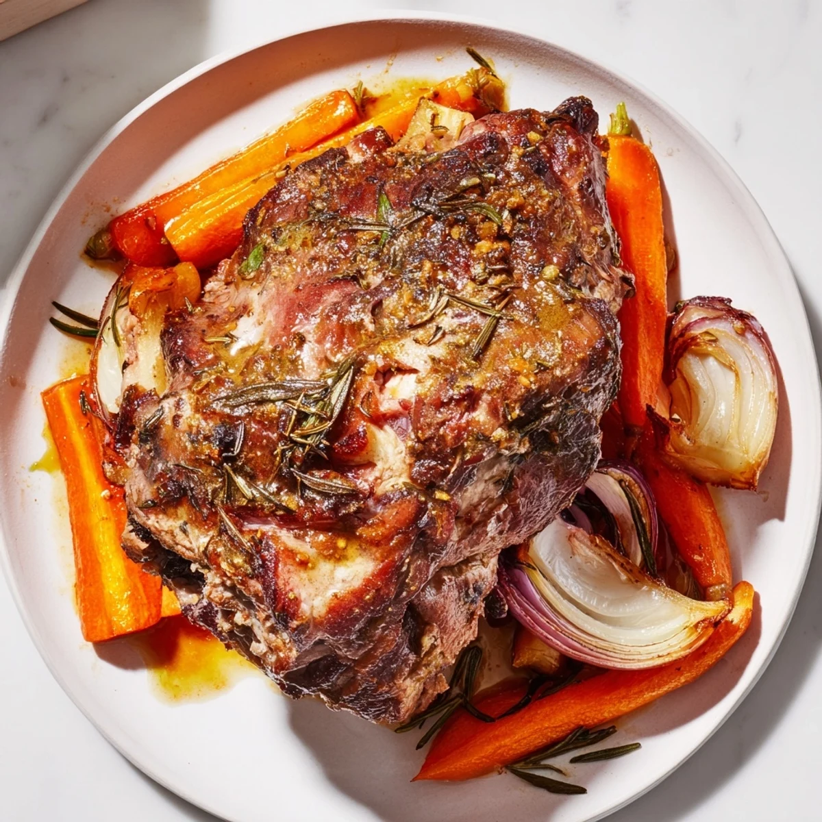 A fork-tender slice of Slow Cooked Lamb Shoulder with Garlic Herbs reveals juicy meat and aromatic rosemary, served alongside mashed potatoes.