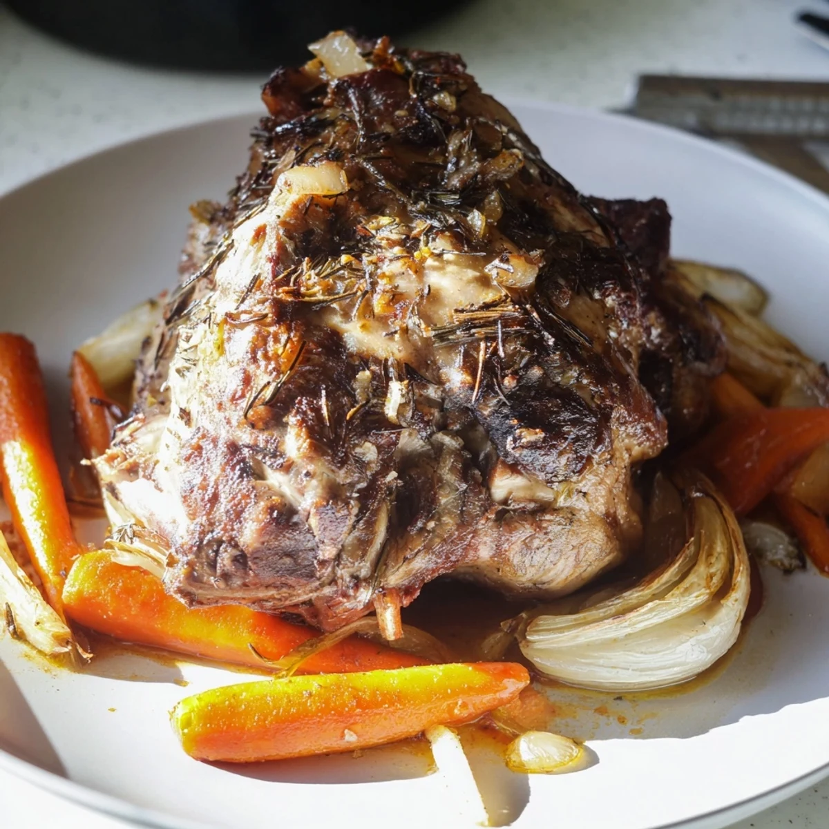 Close-up on Slow Cooked Lamb Shoulder with Garlic Herbs, showcasing a crispy herb crust, slow-roasted garlic cloves, and fresh thyme garnish.