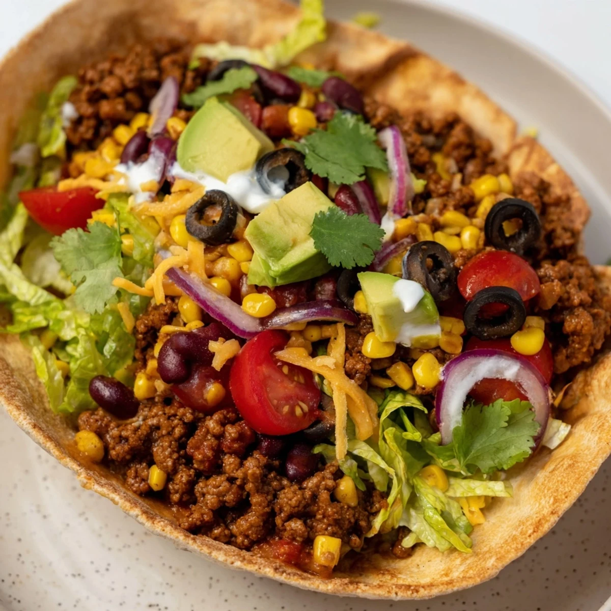 Close-up of a crisp, golden homemade tortilla bowl holding a vibrant Beef Taco Salad with cherry tomatoes, red onion, and a dollop of salsa.