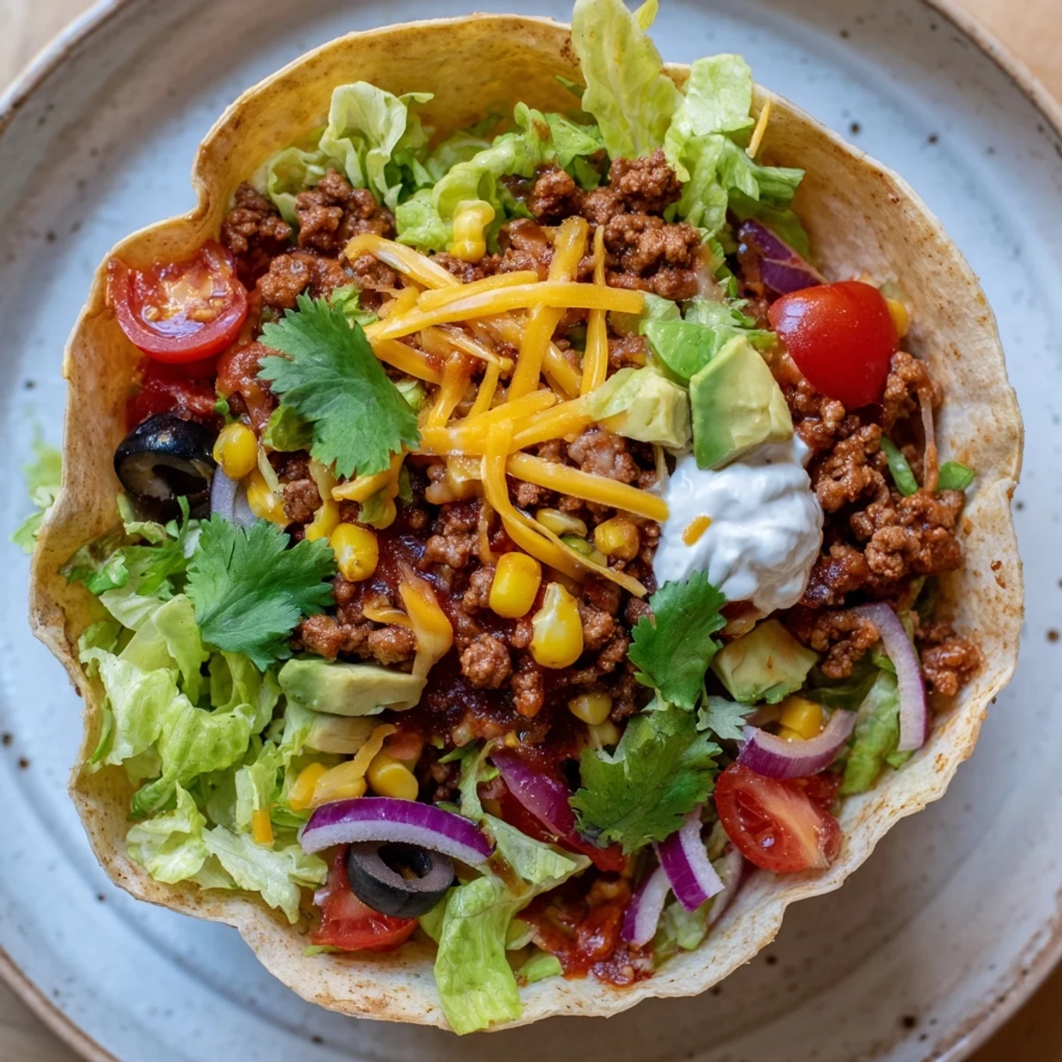 A hearty Beef Taco Salad with Homemade Tortilla Bowl featuring seasoned ground beef, crisp romaine lettuce, black olives, and cilantro garnish on a rustic plate.