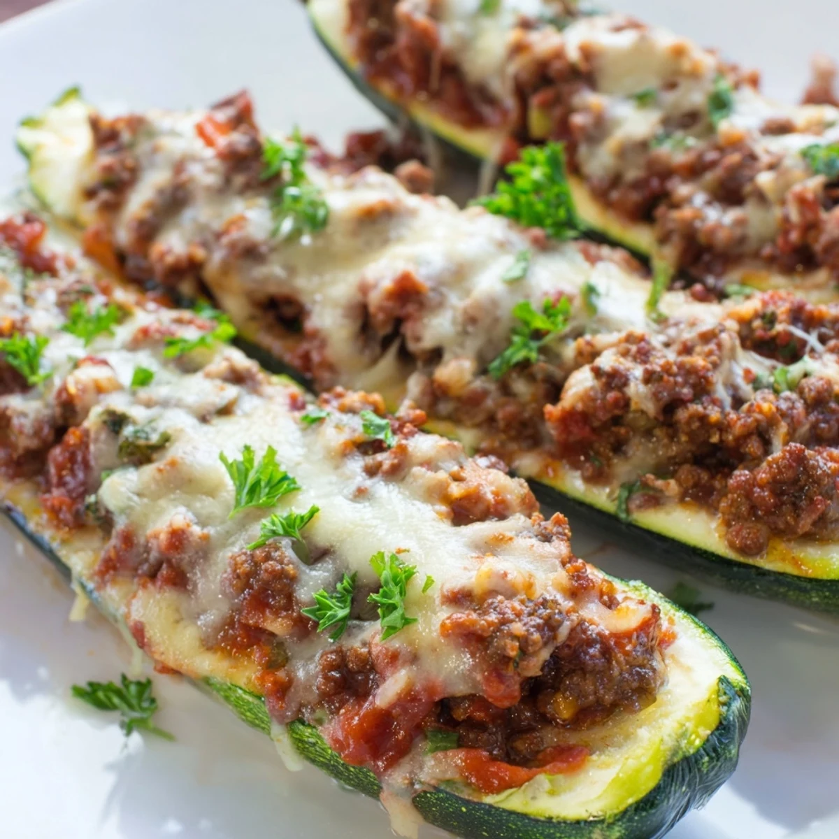 Tender zucchini boats stuffed with seasoned ground beef and melted cheese, served hot from the oven.