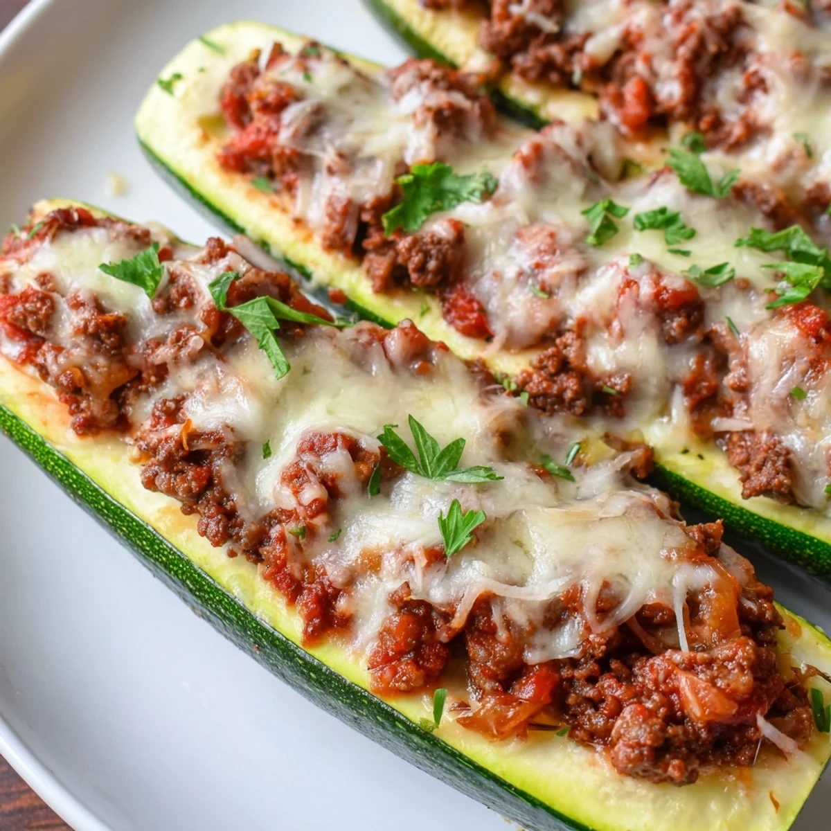 Golden, cheesy zucchini boats stuffed with beef and tomatoes, garnished with fresh parsley for a family meal.