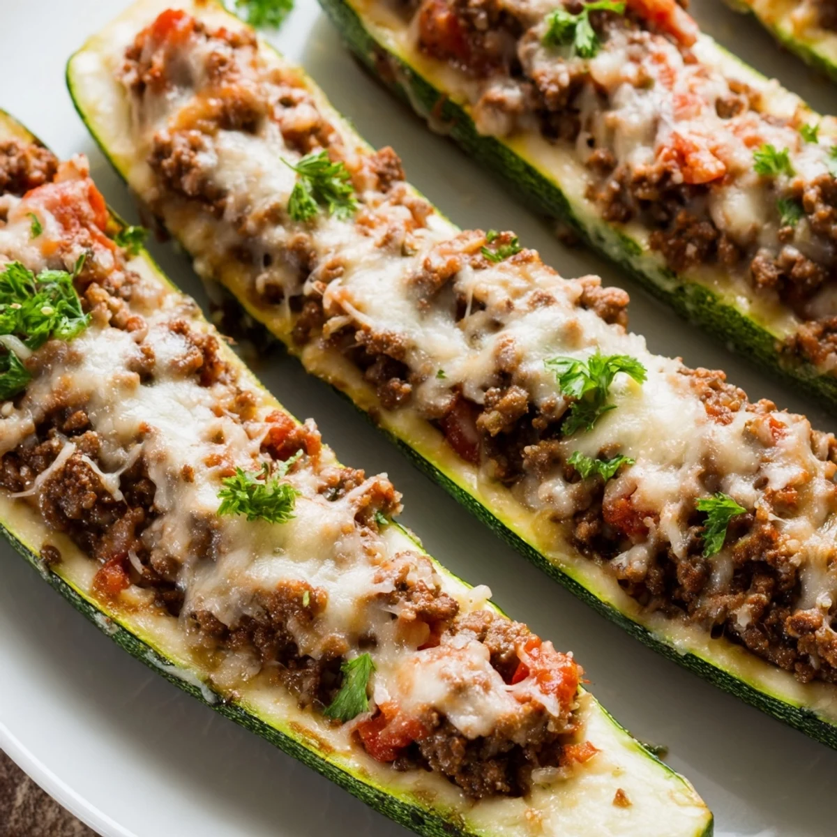 Zucchini boats stuffed with savory ground beef and herbs, a low-carb main dish for weeknight dinners.