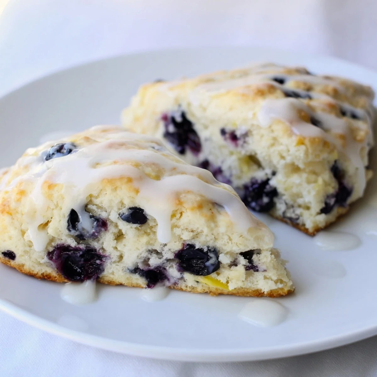 Freshly baked Lemon Blueberry Scones with Vanilla Glaze, warm from the oven and perfect for an American breakfast spread.
