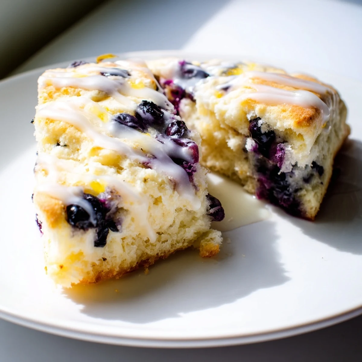 Golden-brown Lemon Blueberry Scones with Vanilla Glaze on a rustic wooden board, showing juicy blueberries and a glossy drizzle.