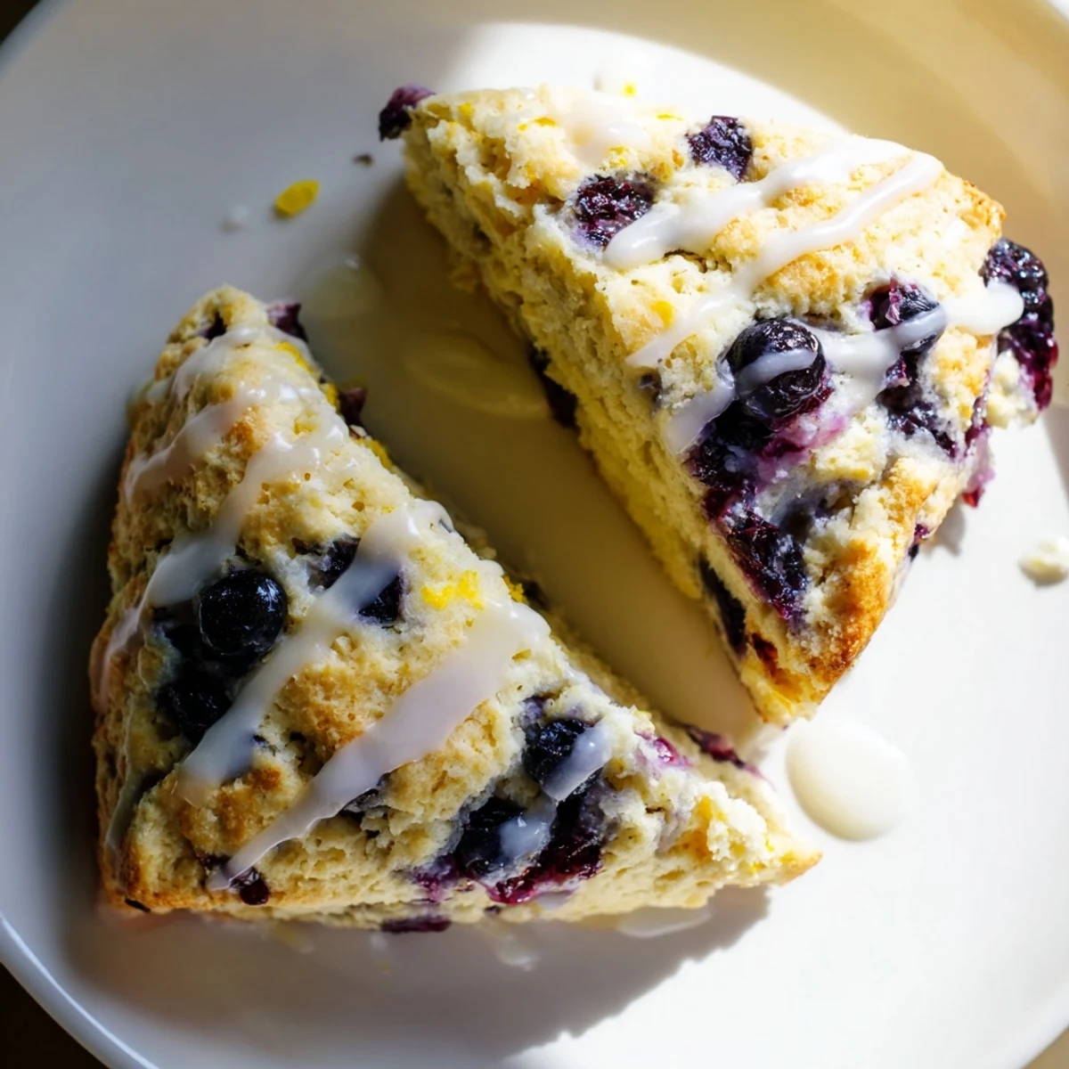 Overhead view of Lemon Blueberry Scones with Vanilla Glaze on a white plate, ideal for brunch or afternoon tea.