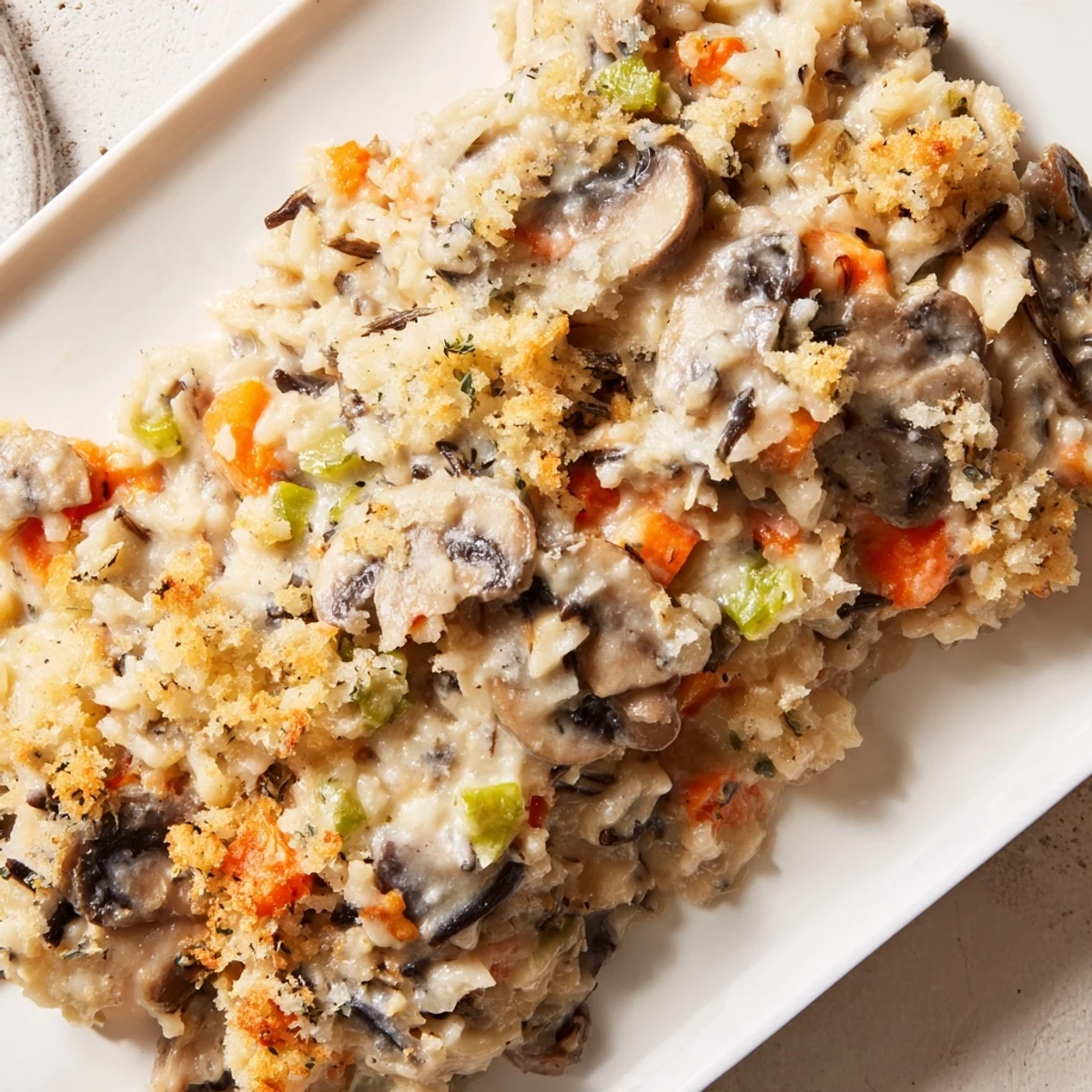 Golden-baked Creamy Mushroom and Wild Rice Casserole bubbling from the oven, featuring a crunchy Parmesan and panko topping.