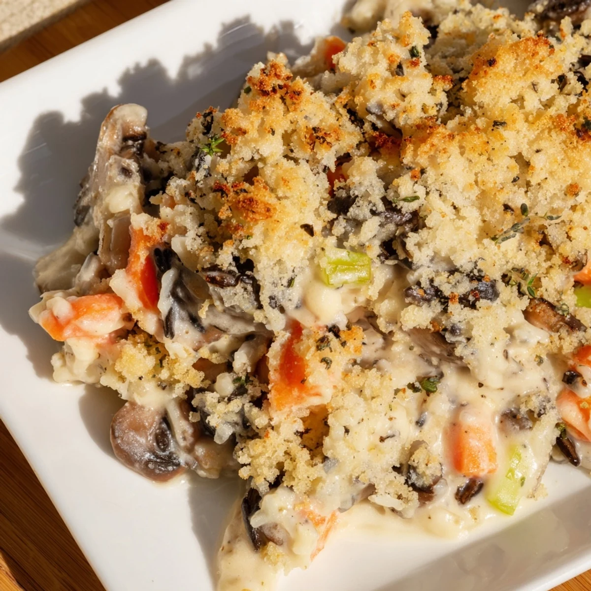 Serving suggestion for Creamy Mushroom and Wild Rice Casserole, garnished with fresh parsley and paired with a crisp green salad.