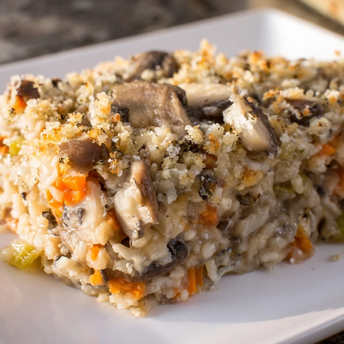 A close-up of Creamy Mushroom and Wild Rice Casserole in a white dish, revealing tender rice and sautéed mushroom slices.