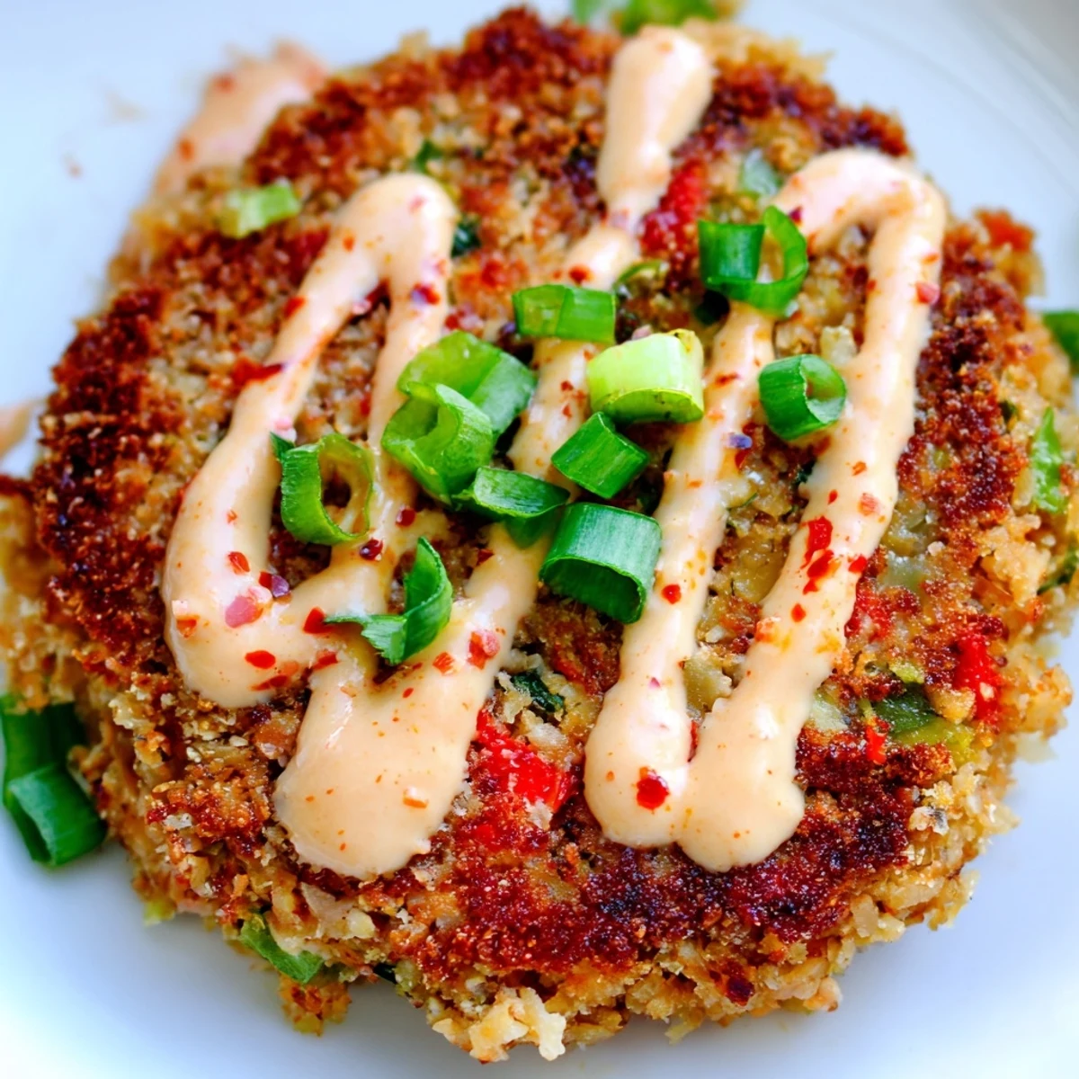 Crispy, golden-brown Spicy Tuna Cakes with Sriracha Mayo stacked on a white plate, garnished with fresh green onions.  