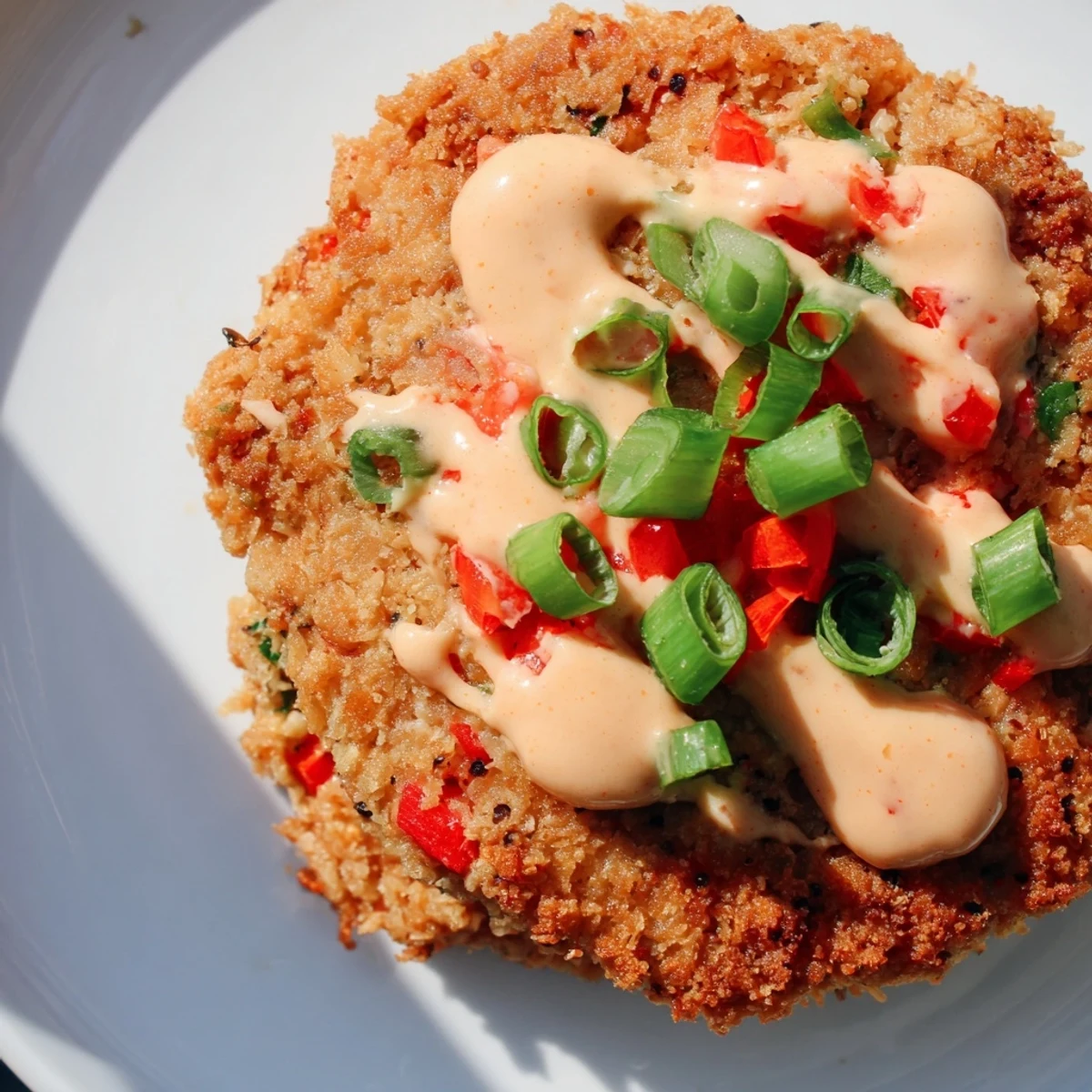 A close-up of four golden Spicy Tuna Cakes served with a creamy, vibrant red sriracha mayo dip.  