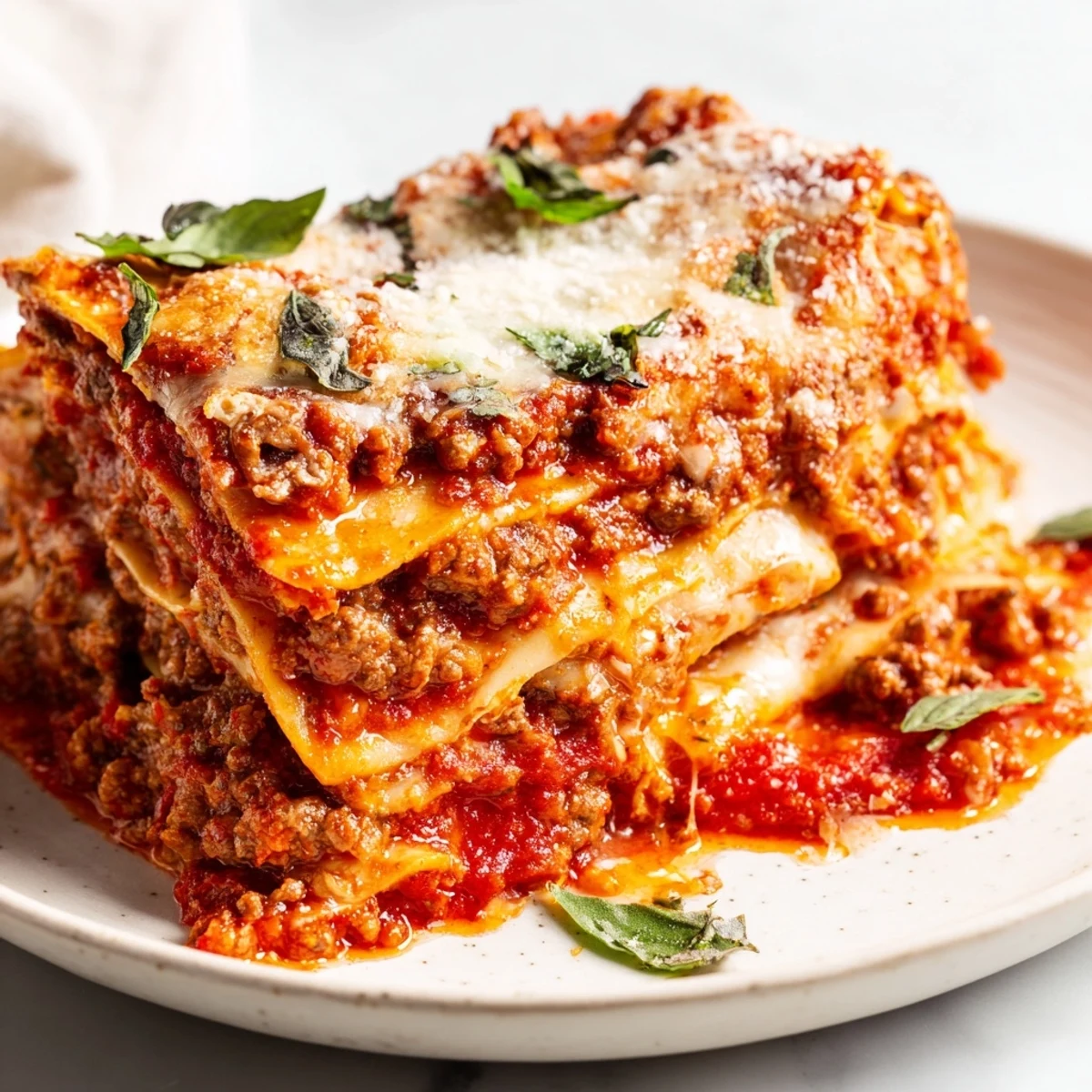 A close-up of Classic Beef Lasagna with Homemade Marinara, showing bubbling melted cheese and rich red sauce layered between tender noodles.  