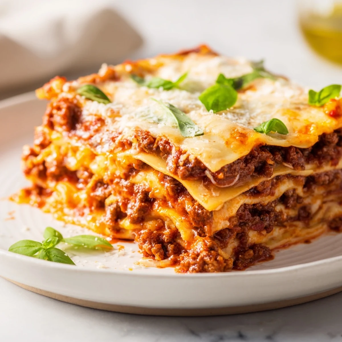 Classic Beef Lasagna with Homemade Marinara, sliced to reveal layers of beef ragù, creamy béchamel, and marinara.