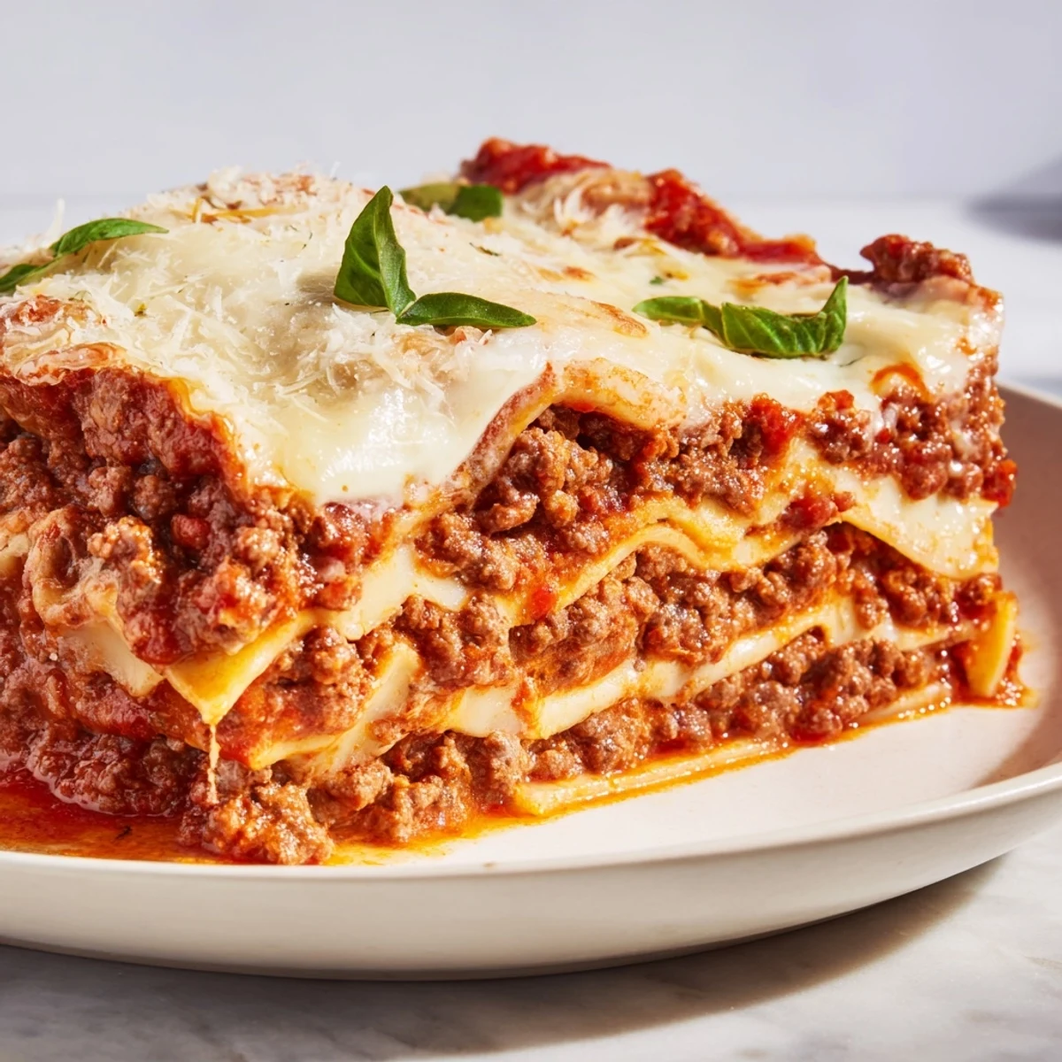 Golden Classic Beef Lasagna with Homemade Marinara, served hot from the oven with fresh basil on top.  