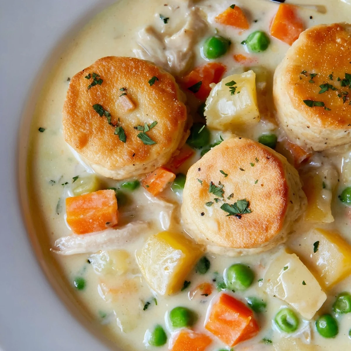 A close-up of creamy Chicken Pot Pie Soup with golden biscuit topping, peas, carrots, and corn visible, served in a rustic bowl.  
