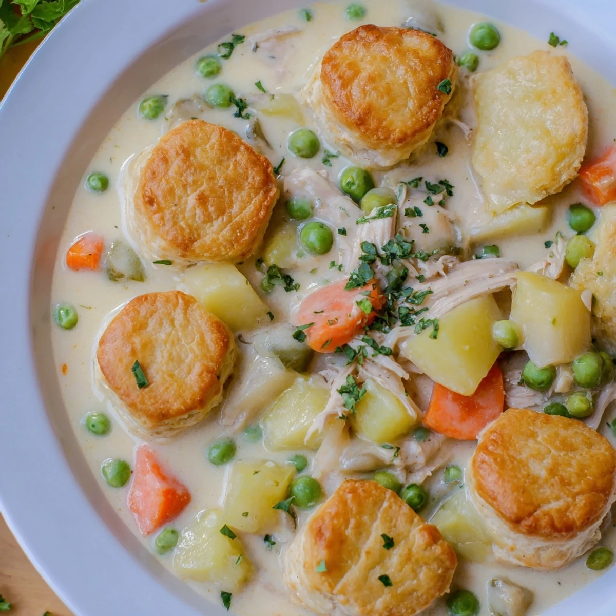 Steaming bowl of Chicken Pot Pie Soup topped with fluffy homemade biscuits, fresh parsley, and rich vegetable filling.  