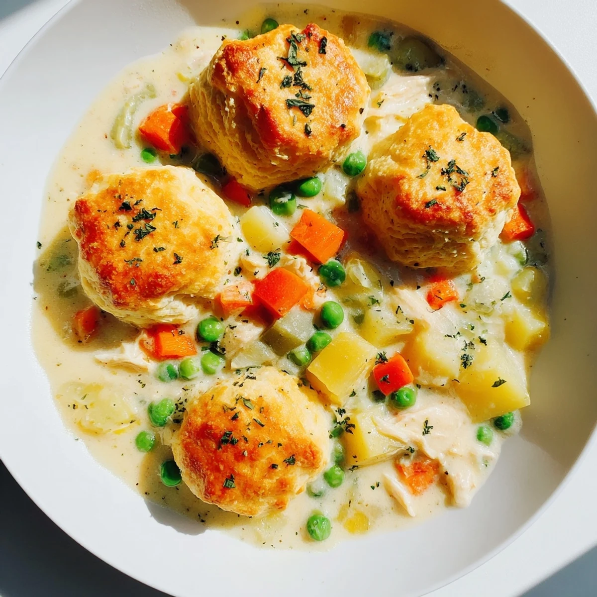 Rustic Dutch oven filled with Chicken Pot Pie Soup, featuring tender chicken, hearty vegetables, and golden biscuits baked on top.