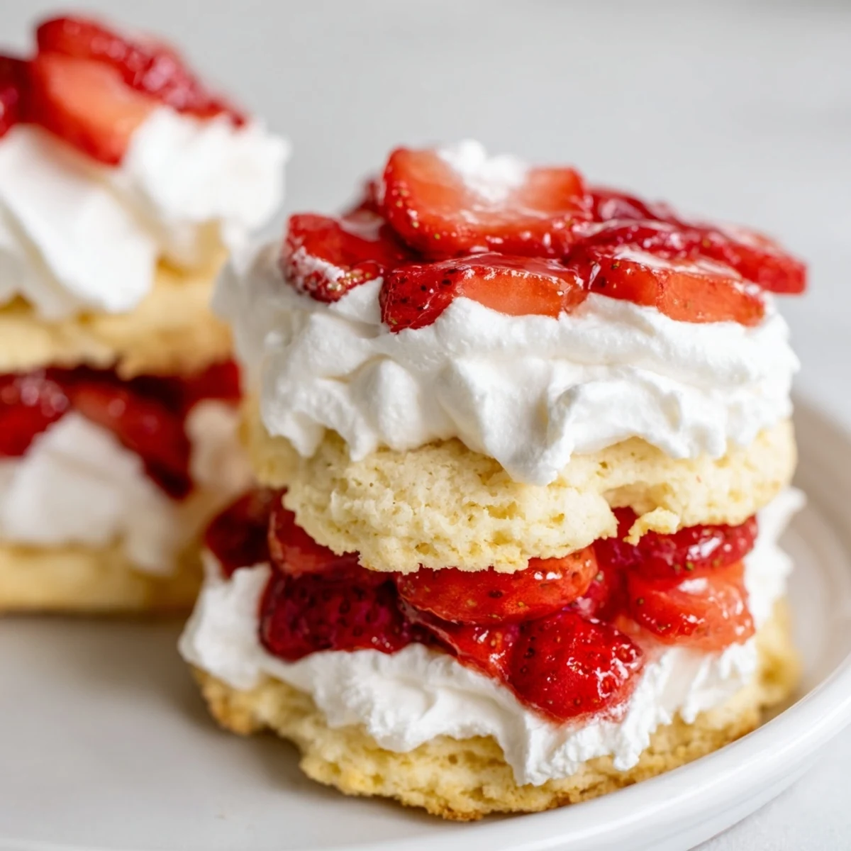 A single Strawberry Shortcake Cup sits on a white plate, revealing layers of tender biscuit, vibrant sliced strawberries, and a generous dollop of whipped cream.  