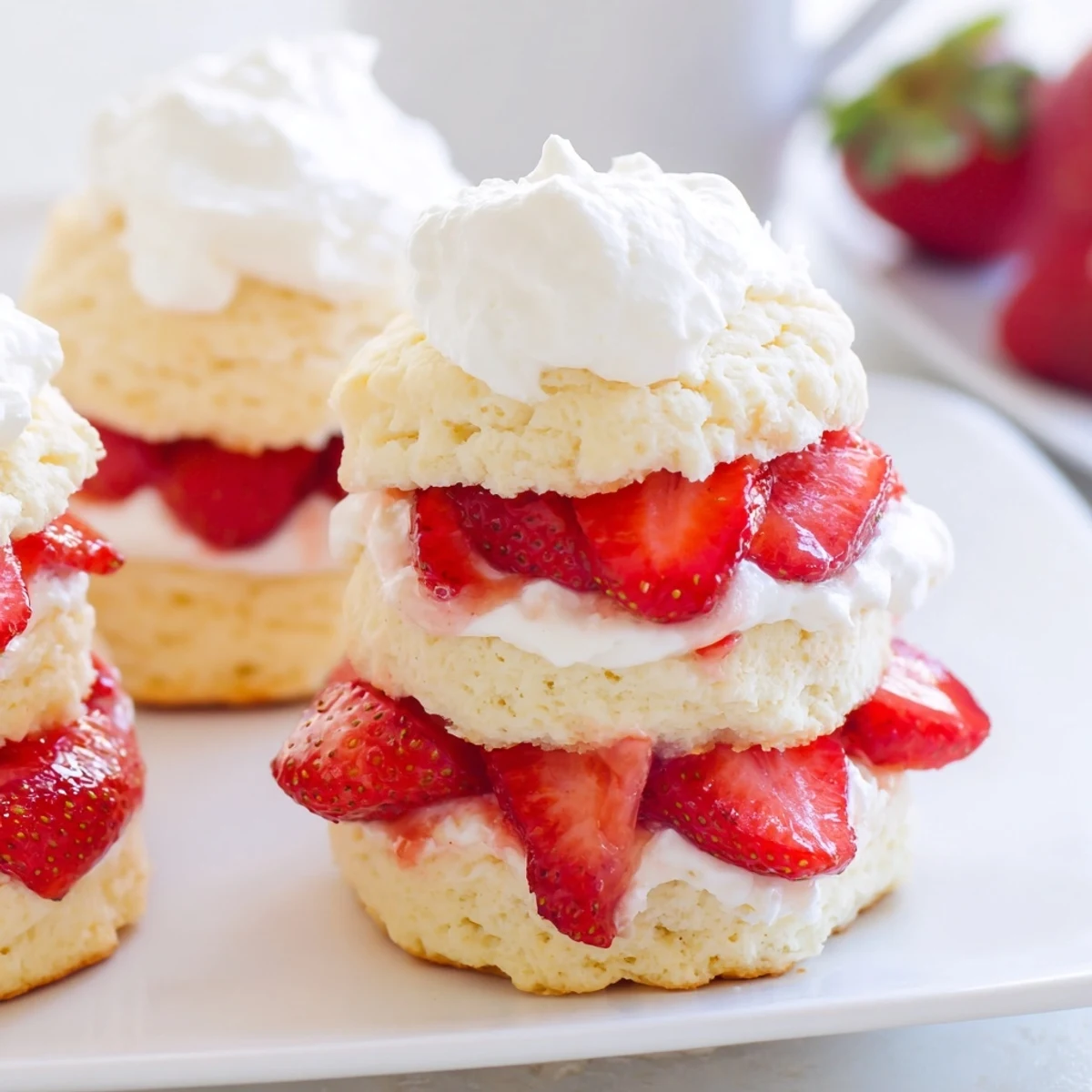 Close-up of a homemade Strawberry Shortcake Cup showing fluffy shortcake, juicy strawberries, and pillowy whipped cream topping.