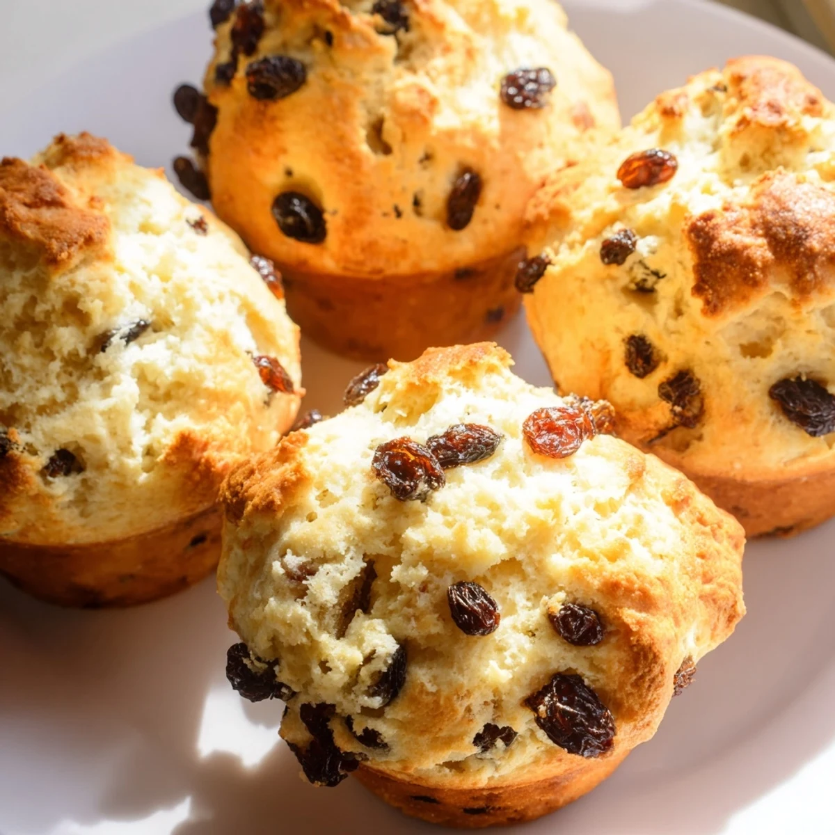 Freshly baked Irish Soda Bread Muffins with Raisins, golden-brown and studded with plump, juicy raisins, sitting on a wooden board.