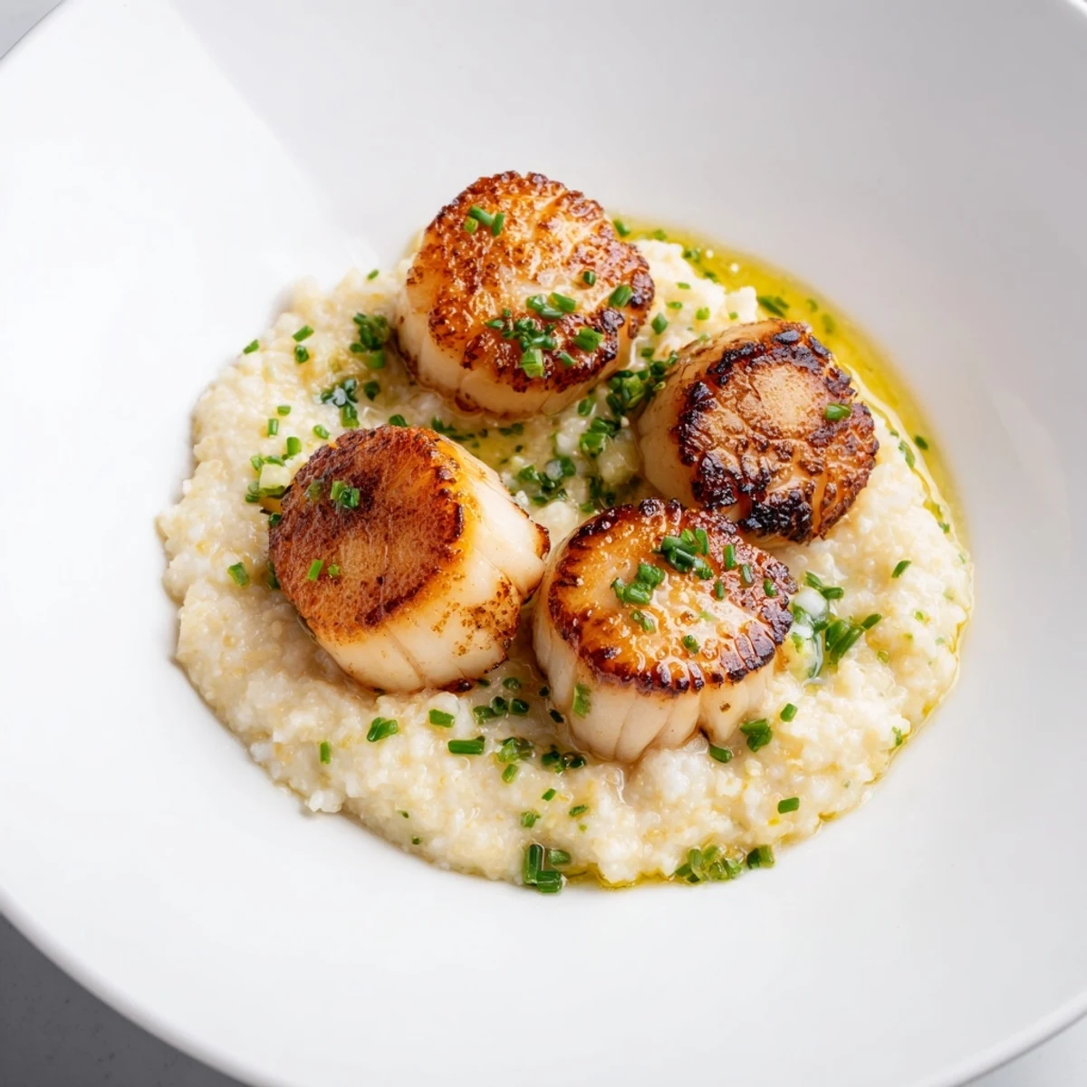 Tender scallops with a golden crust served over warm, comforting polenta, perfect for a gluten-free special occasion dinner.