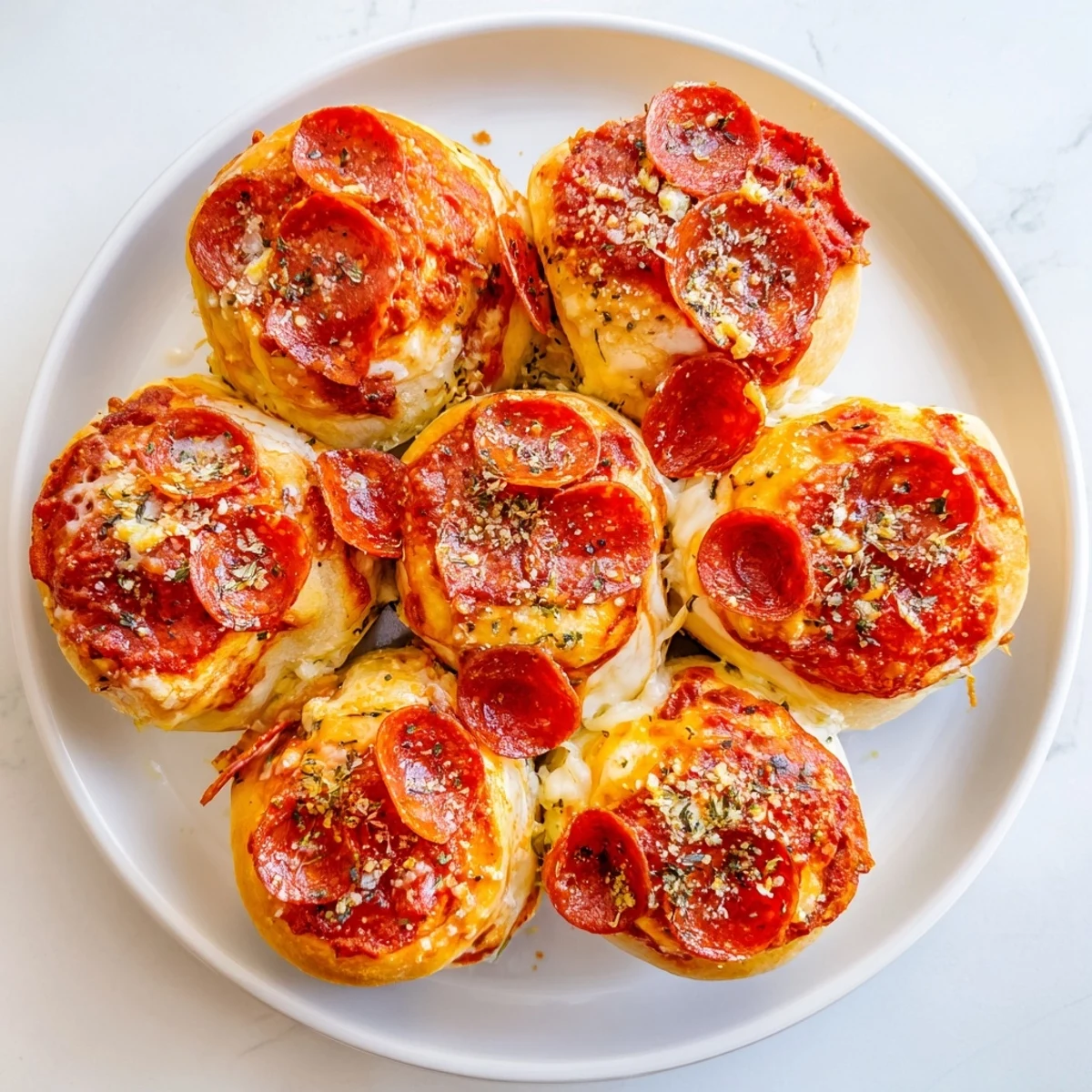 Golden-brown Pizza Rolls with Beef Pepperoni emerge from the oven with bubbling mozzarella and zesty tomato sauce on a rustic baking sheet.