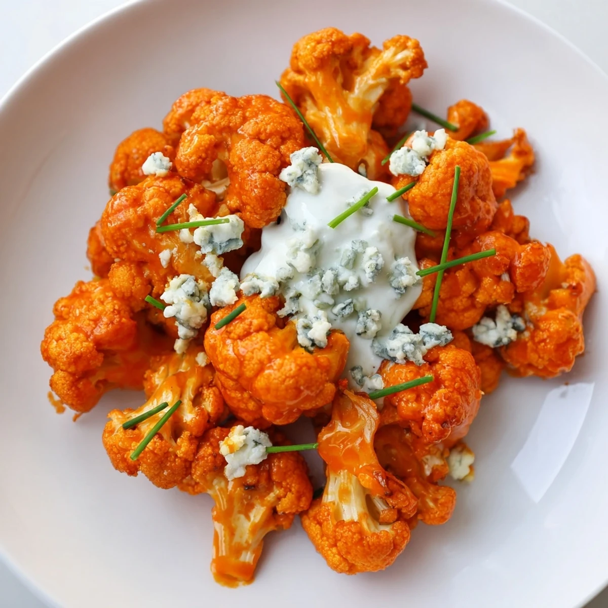 Golden-brown Buffalo Cauliflower Wings with Blue Cheese dip, garnished with fresh chives, celery, and carrot sticks on a rustic platter.  